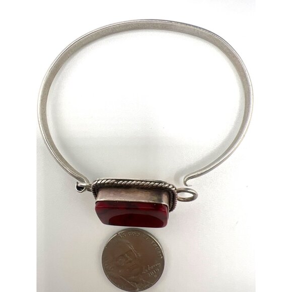 Sterling Silver Mexico 925 Red Stone Bangle Bracelet 6.5" - Picture 5 of 8